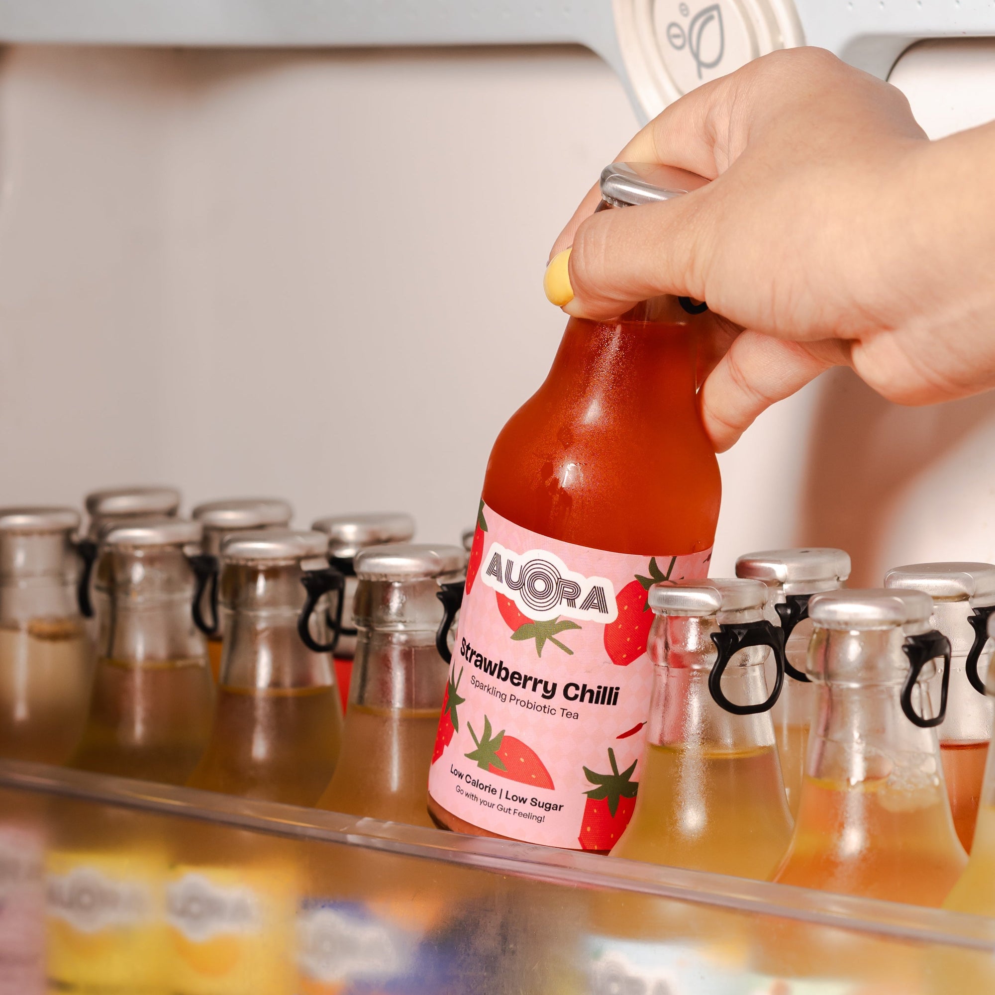 Strawberry Chilli Basil kombucha — sparkling probiotic tea Auora